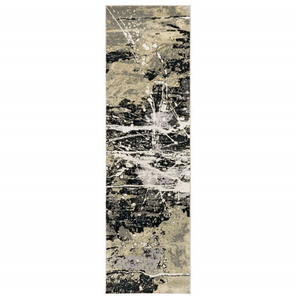 2' X 8' Black Gold Grey And Ivory Abstract Power Loom Stain Resistant Runner Rug