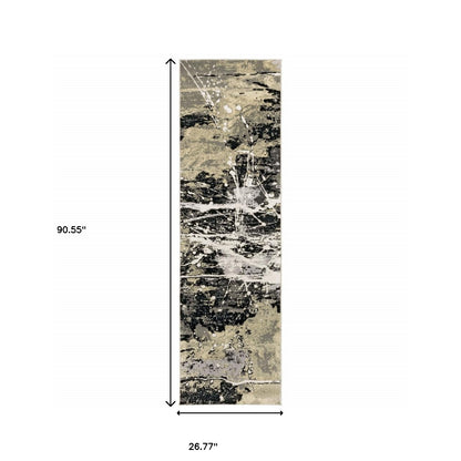 2' X 8' Black Gold Grey And Ivory Abstract Power Loom Stain Resistant Runner Rug