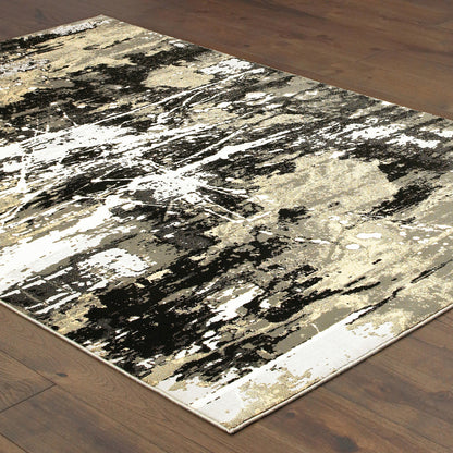 4' X 6' Black Gold Grey And Ivory Abstract Power Loom Stain Resistant Area Rug