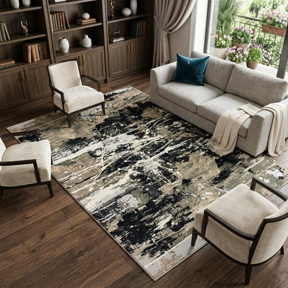 7' X 10' Black And Gold Abstract Area Rug