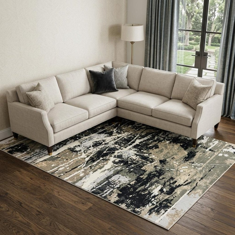 7' X 10' Black And Gold Abstract Area Rug