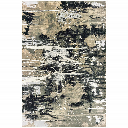 8' X 11' Black Gold Grey And Ivory Abstract Power Loom Stain Resistant Area Rug