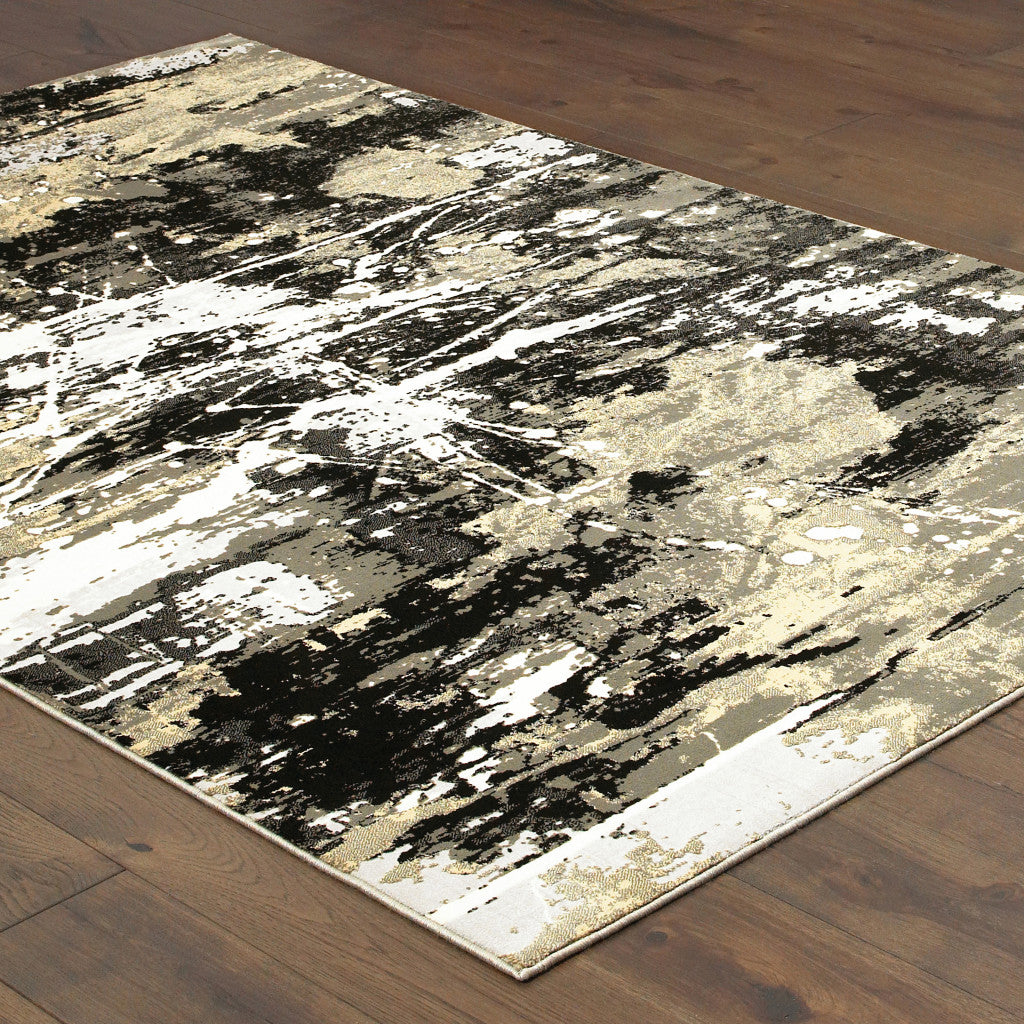 8' X 11' Black Gold Grey And Ivory Abstract Power Loom Stain Resistant Area Rug