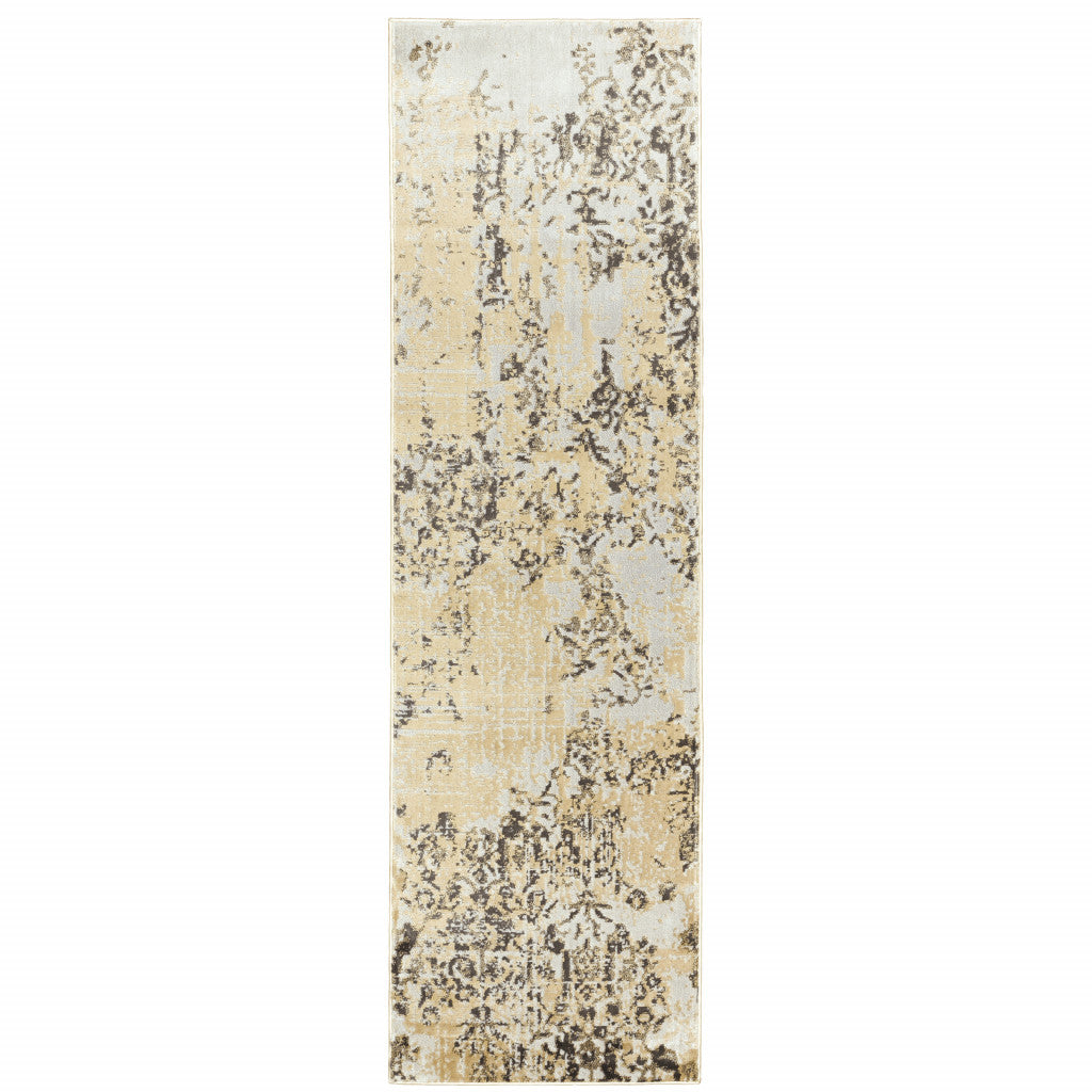 2' X 8' Grey And Gold Abstract Power Loom Stain Resistant Runner Rug