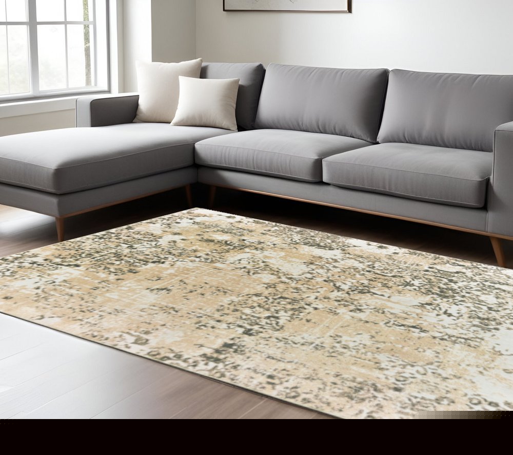 8' X 11' Grey And Gold Abstract Power Loom Stain Resistant Area Rug