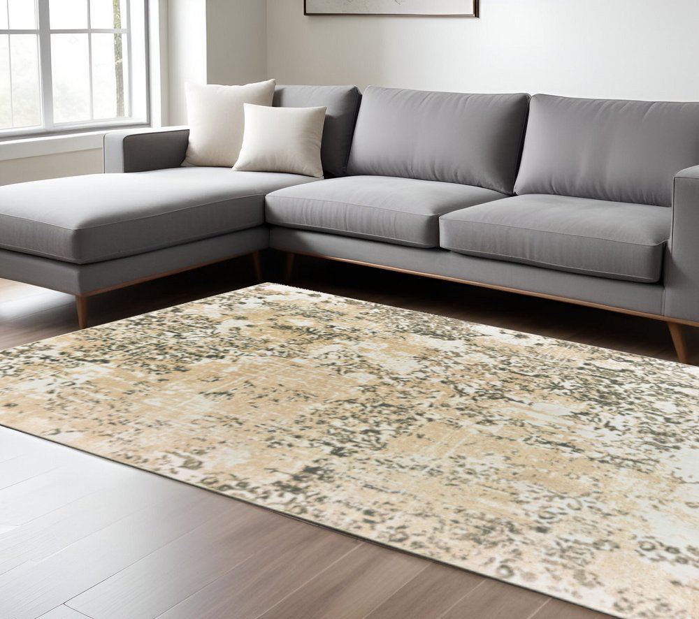 10' X 13' Grey And Gold Abstract Power Loom Stain Resistant Area Rug