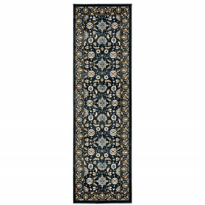 2' X 8' Navy Caramel And Ivory Oriental Power Loom Stain Resistant Runner Rug