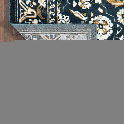 2' X 8' Navy Caramel And Ivory Oriental Power Loom Stain Resistant Runner Rug
