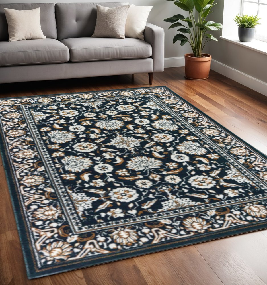 4' X 6' Navy Caramel And Ivory Oriental Power Loom Stain Resistant Area Rug