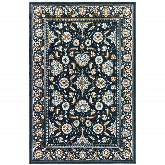 7' X 10' Navy Blue And Gold Oriental Area Rug