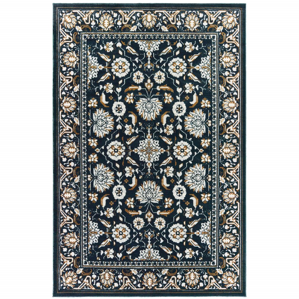 7' X 10' Navy Blue And Gold Oriental Area Rug