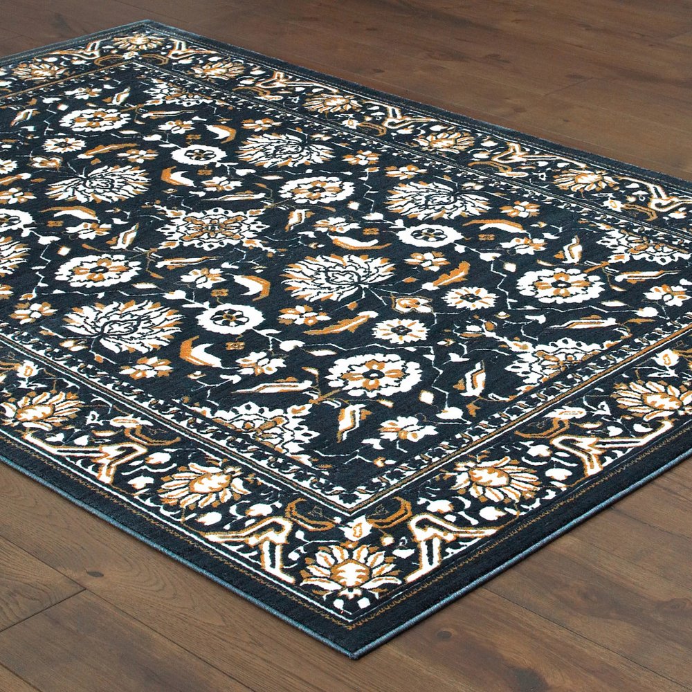 7' X 10' Navy Blue And Gold Oriental Area Rug