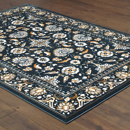 7' X 10' Navy Blue And Gold Oriental Area Rug