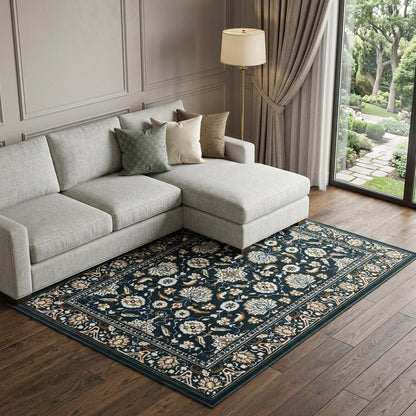 7' X 10' Navy Blue And Gold Oriental Area Rug