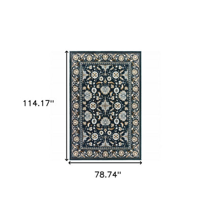 7' X 10' Navy Blue And Gold Oriental Area Rug