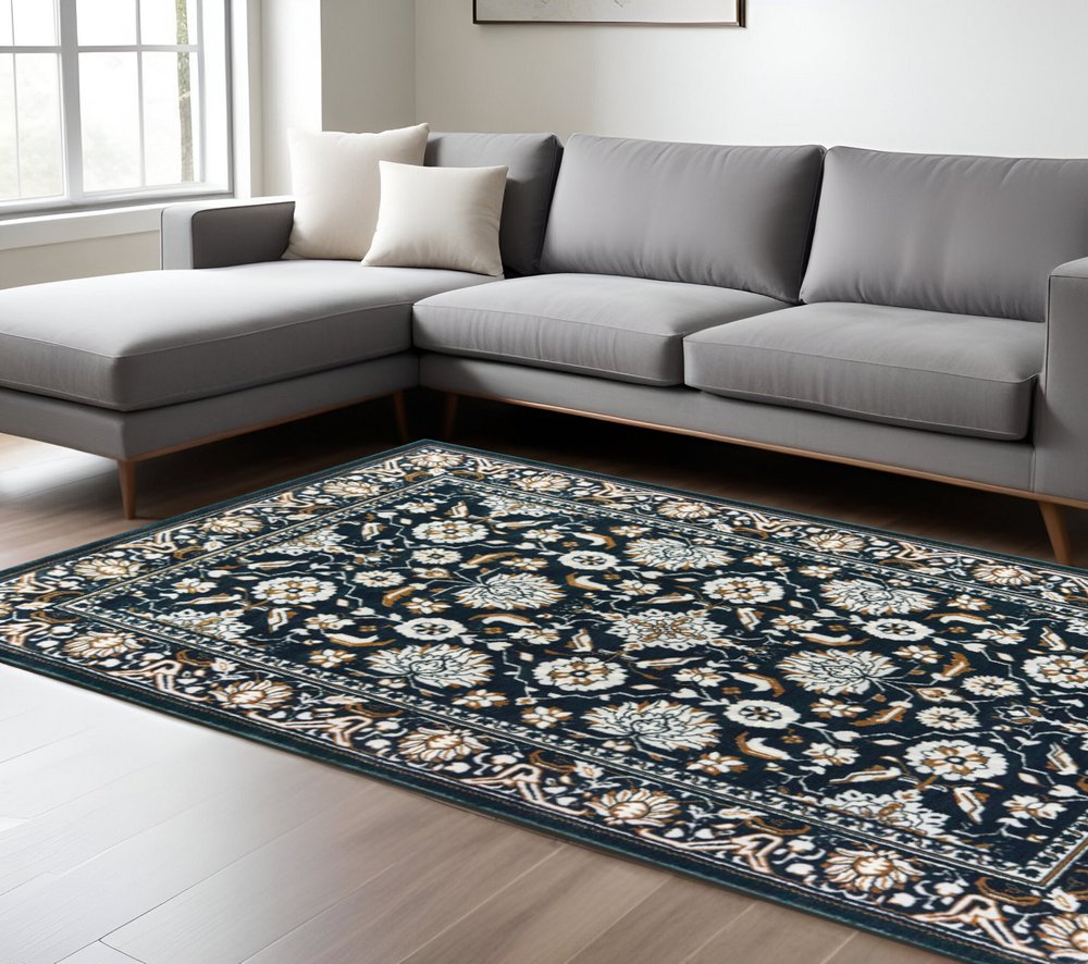 7' X 10' Navy Blue And Gold Oriental Area Rug