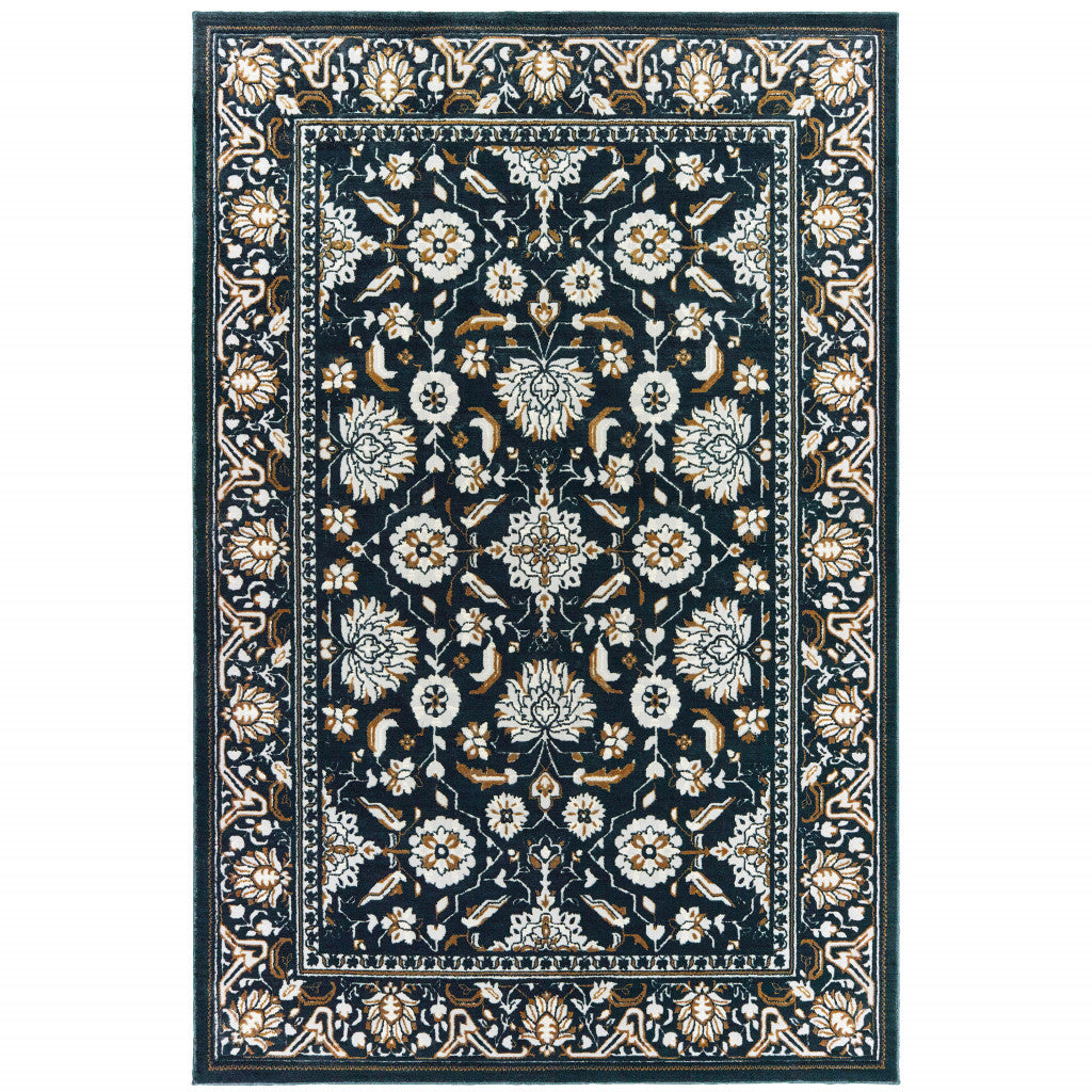 8' X 11' Navy Caramel And Ivory Oriental Power Loom Stain Resistant Area Rug