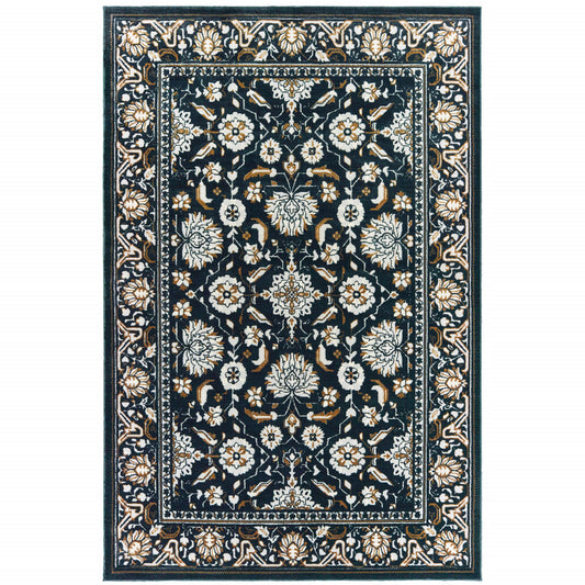 8' X 11' Navy Caramel And Ivory Oriental Power Loom Stain Resistant Area Rug