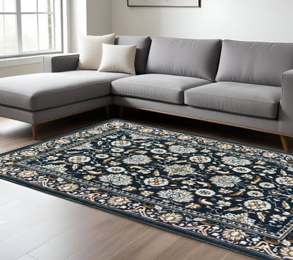 8' X 11' Navy Blue And Gold Oriental Area Rug