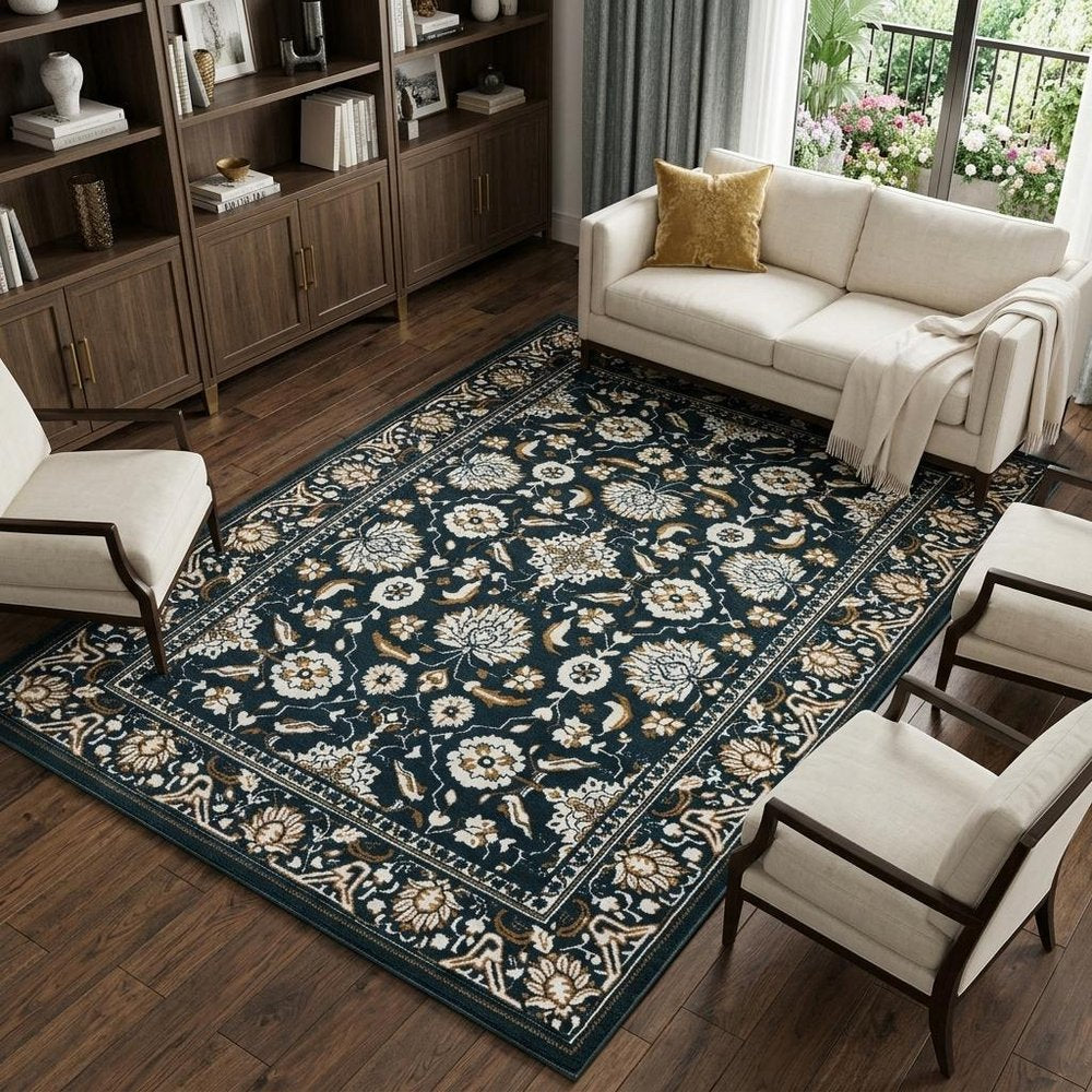 10' X 13' Navy Blue And Gold Oriental Area Rug