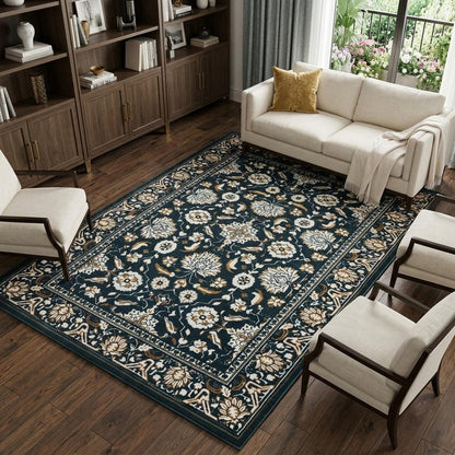 10' X 13' Navy Blue And Gold Oriental Area Rug