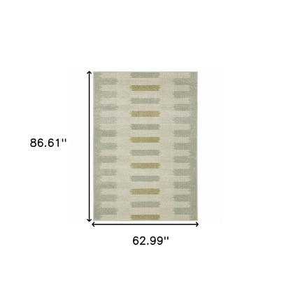 5' X 7' Beige Grey Gold And Green Geometric Power Loom Stain Resistant Area Rug