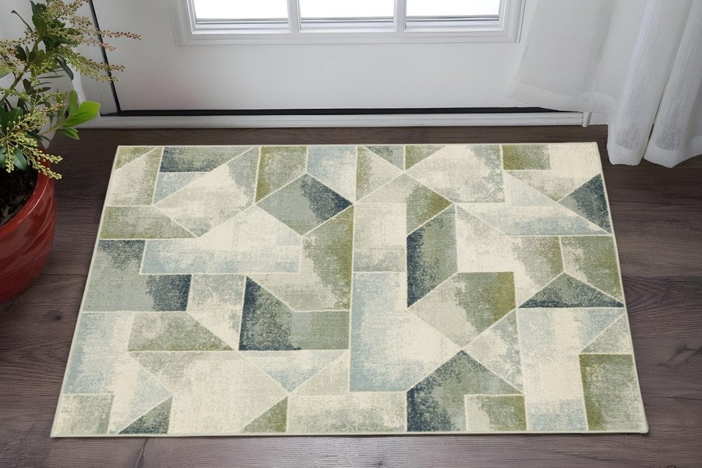 3' X 5' Blue Green Grey Gold And Ivory Geometric Power Loom Stain Resistant Area Rug