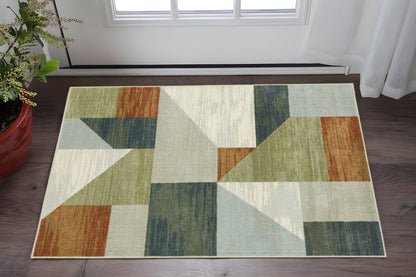 3' X 5' Grey Teal Blue Rust Green And Ivory Geometric Power Loom Stain Resistant Area Rug