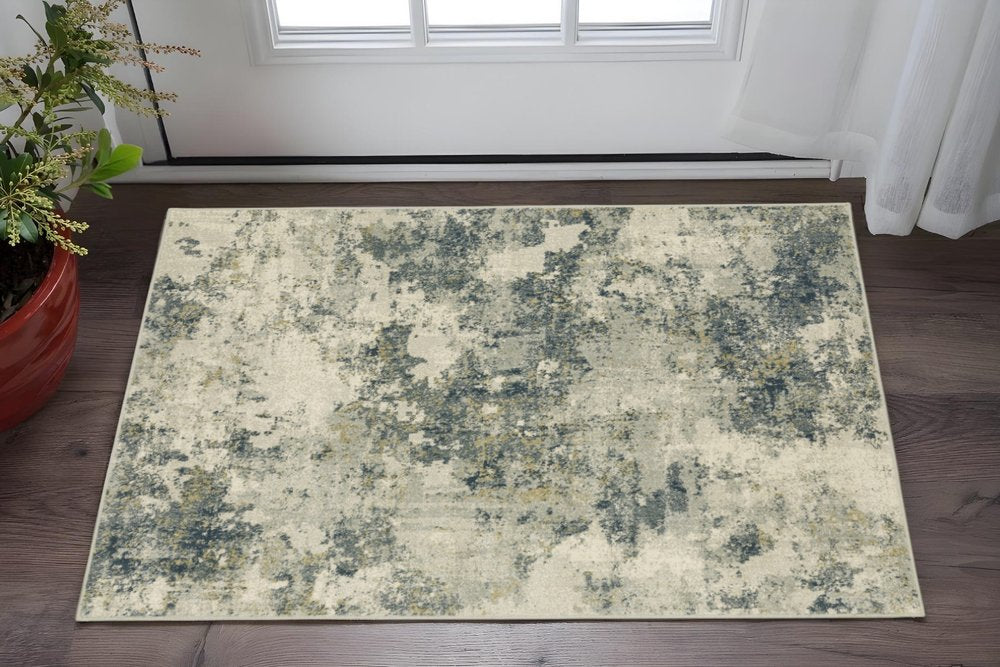 3' X 5' Beige Teal Grey And Gold Abstract Power Loom Stain Resistant Area Rug