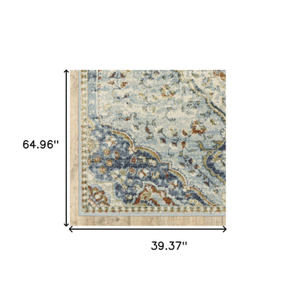 3' X 5' Blue Beige Rust Gold And Teal Oriental Power Loom Stain Resistant Area Rug