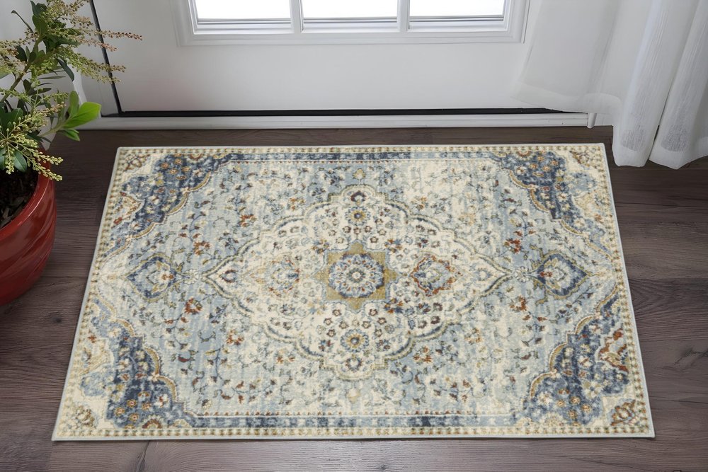 3' X 5' Blue Beige Rust Gold And Teal Oriental Power Loom Stain Resistant Area Rug