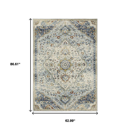 5' X 7' Blue Beige Rust Gold And Teal Oriental Power Loom Stain Resistant Area Rug