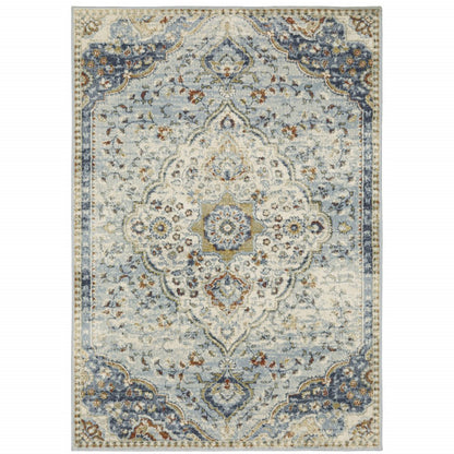 7' X 9' Blue And Beige Oriental Distressed Area Rug