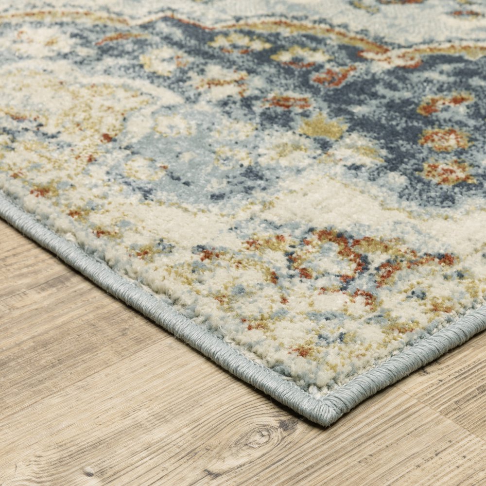 7' X 9' Blue And Beige Oriental Distressed Area Rug