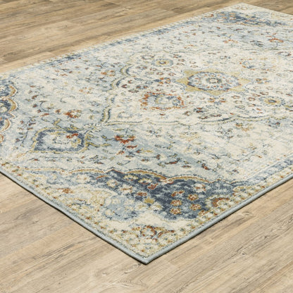 7' X 9' Blue And Beige Oriental Distressed Area Rug