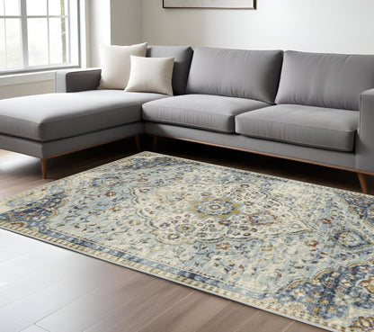 8' X 10' Blue And Beige Oriental Distressed Area Rug