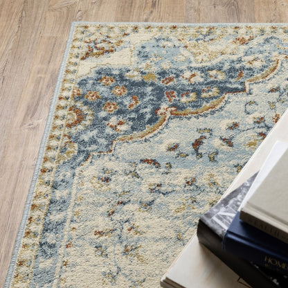 8' X 10' Blue And Beige Oriental Distressed Area Rug
