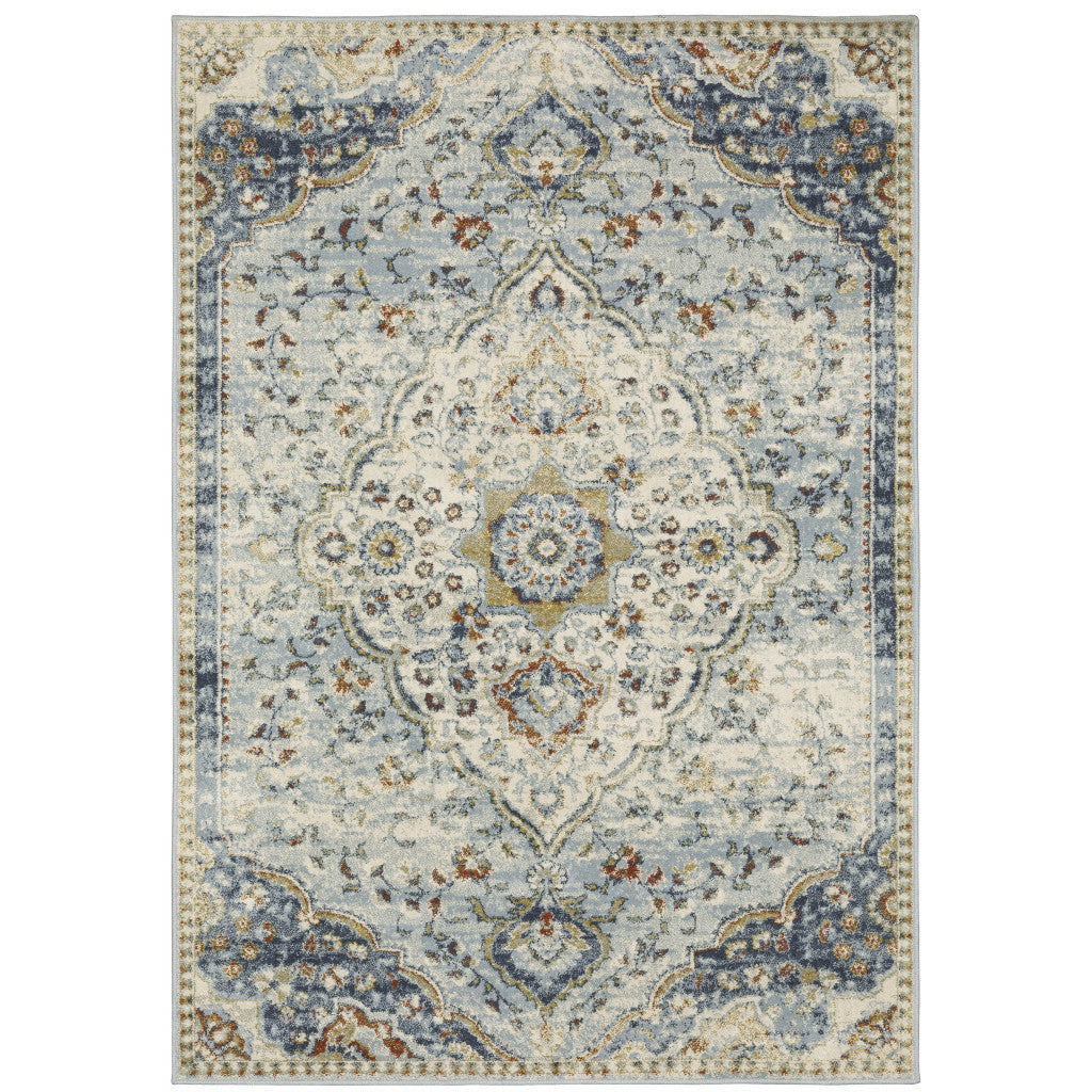 10' X 13' Blue Beige Rust Gold And Teal Oriental Power Loom Stain Resistant Area Rug