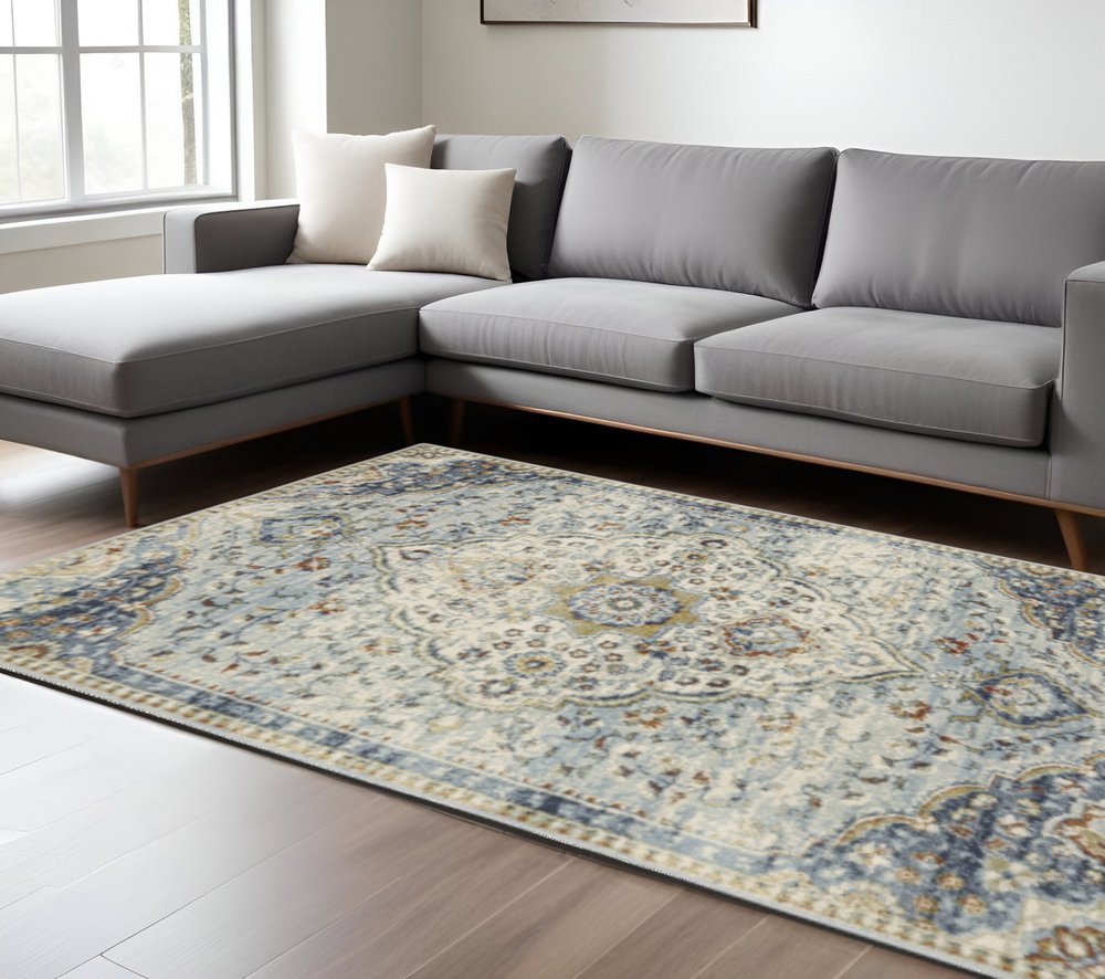 10' X 13' Blue Beige Rust Gold And Teal Oriental Power Loom Stain Resistant Area Rug