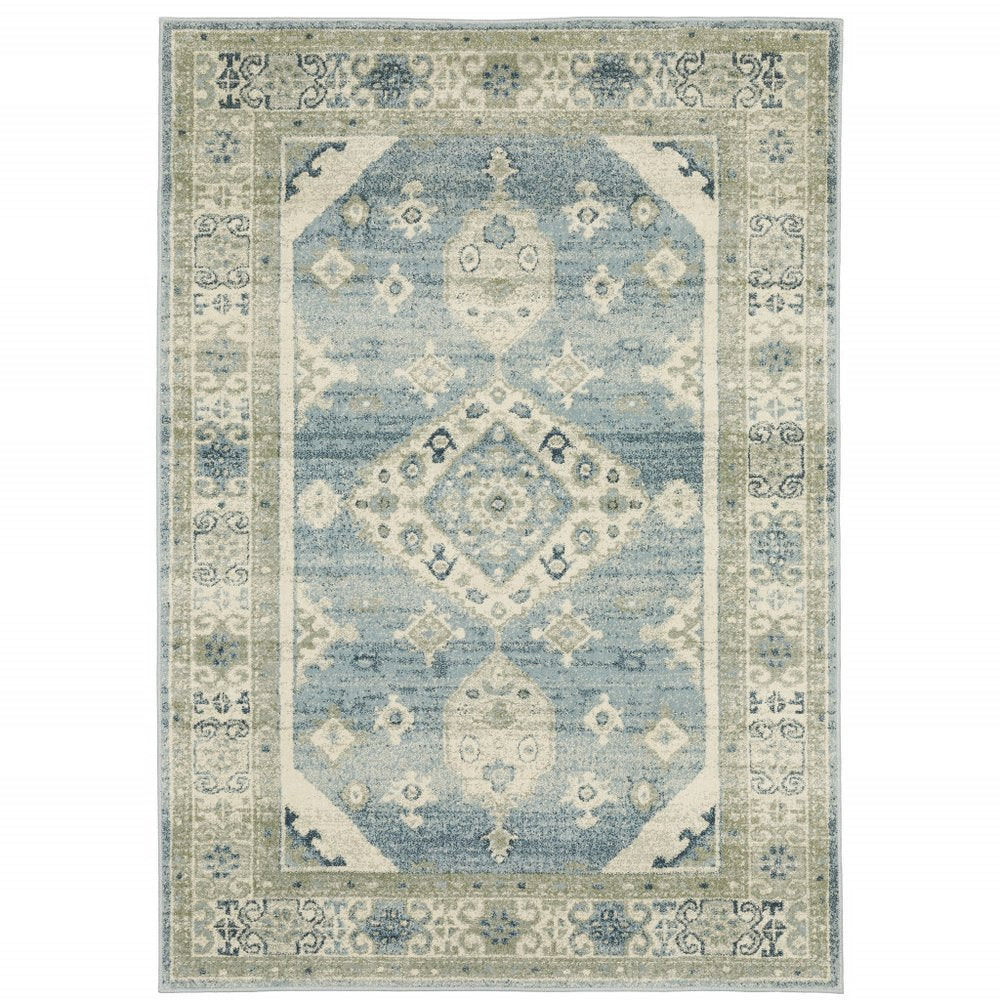 3' X 5' Blue Grey Beige And Teal Oriental Power Loom Stain Resistant Area Rug