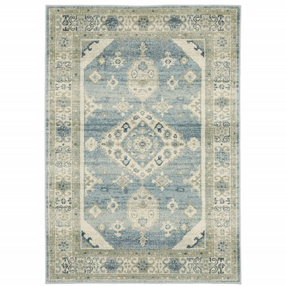 3' X 5' Blue Grey Beige And Teal Oriental Power Loom Stain Resistant Area Rug