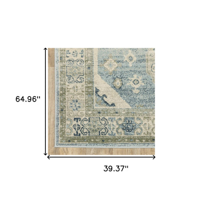 3' X 5' Blue Grey Beige And Teal Oriental Power Loom Stain Resistant Area Rug