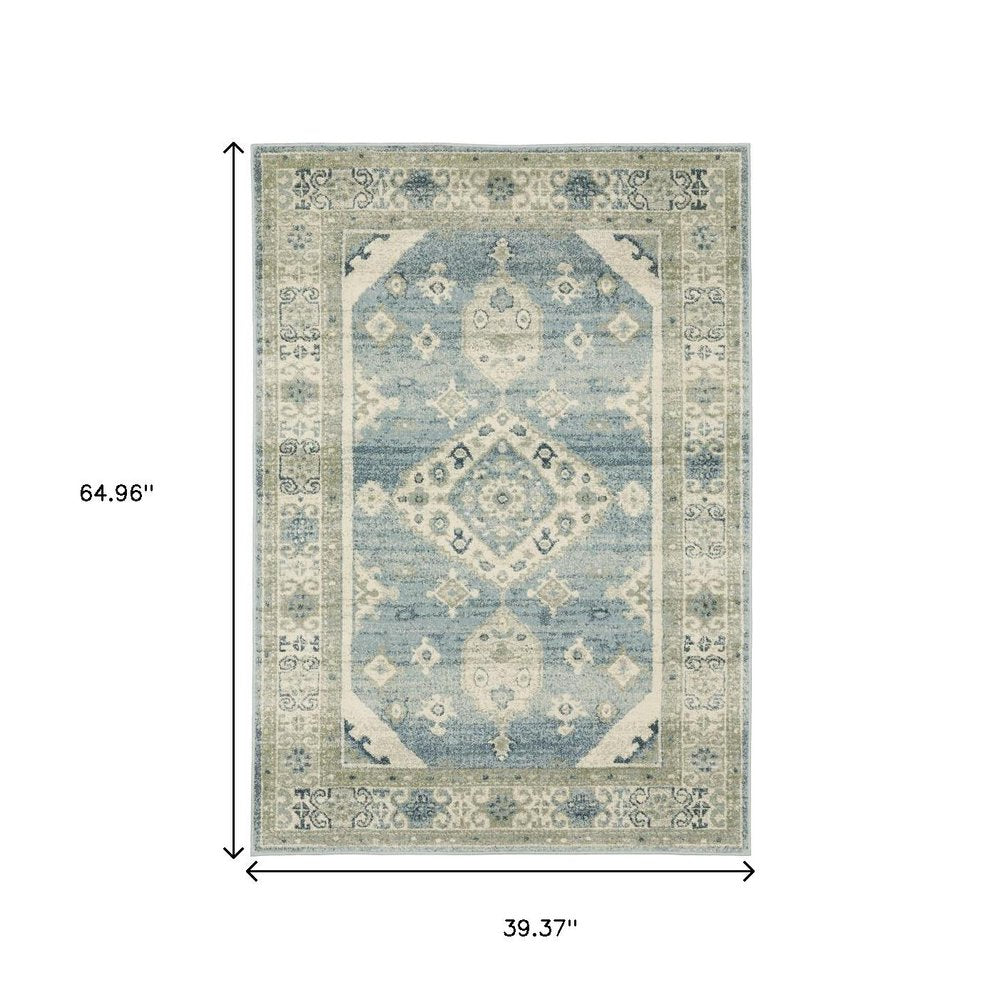 3' X 5' Blue Grey Beige And Teal Oriental Power Loom Stain Resistant Area Rug