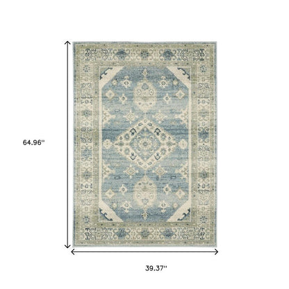 3' X 5' Blue Grey Beige And Teal Oriental Power Loom Stain Resistant Area Rug