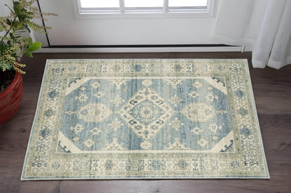 3' X 5' Blue Grey Beige And Teal Oriental Power Loom Stain Resistant Area Rug