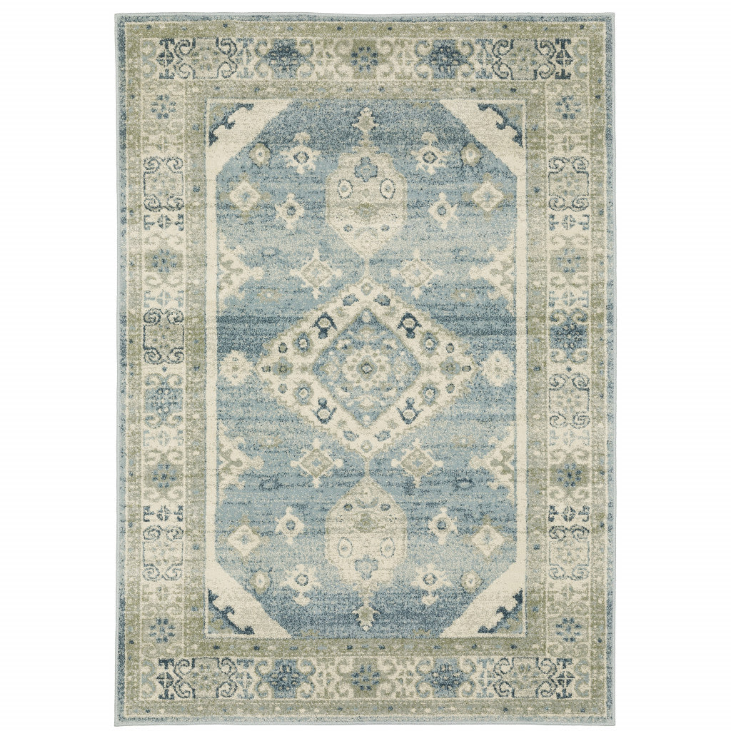 5' X 7' Blue Grey Beige And Teal Oriental Power Loom Stain Resistant Area Rug