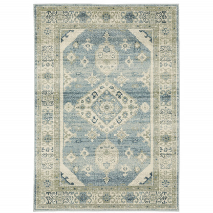 5' X 7' Blue Grey Beige And Teal Oriental Power Loom Stain Resistant Area Rug