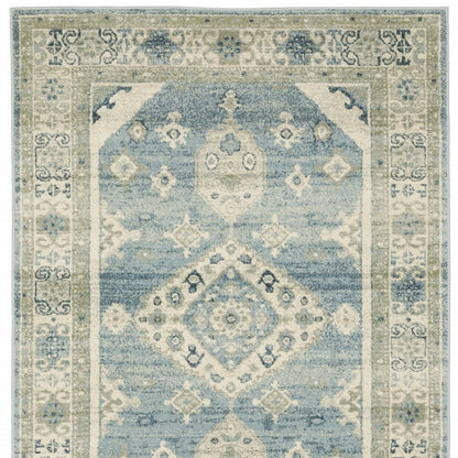 5' X 7' Blue And Beige Oriental Distressed Area Rug