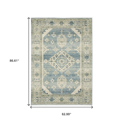 5' X 7' Blue And Beige Oriental Distressed Area Rug