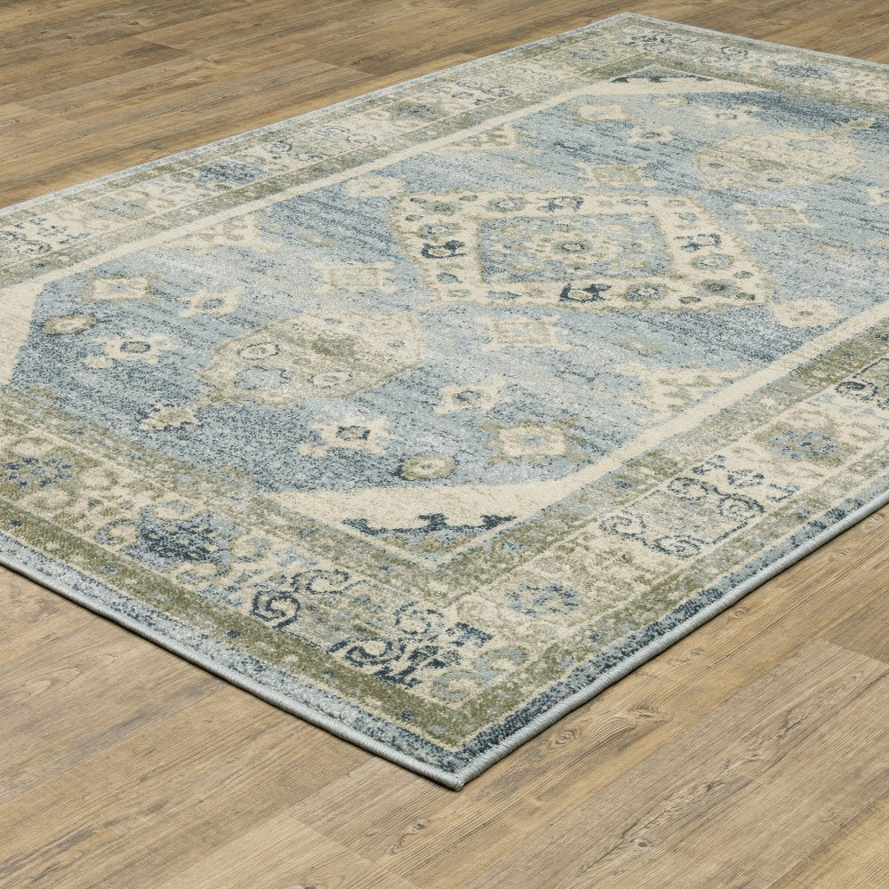 5' X 7' Blue And Beige Oriental Distressed Area Rug